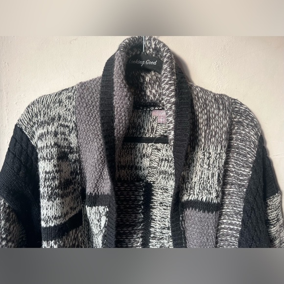 J.JILL - Black Gray White Patchwork Wool Blend Open Cardigan Sweater Coat size M - Picture 2 of 5